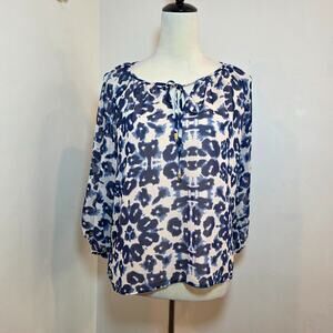 Veronica M Blouse Womens Large Blue White Floral Tunic Top Made USA